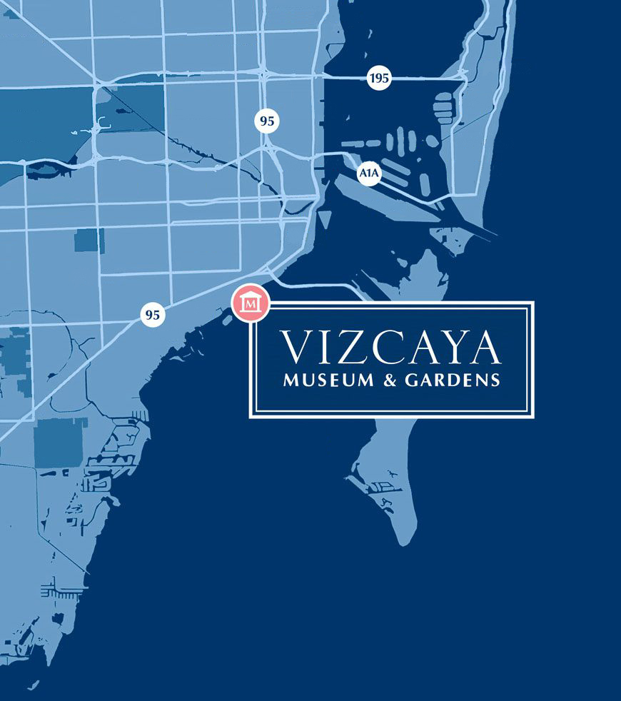 Map highlighting the location of Vizcaya Museum & Gardens in a marked area near highway intersections, with roads and waterways depicted in shades of blue.